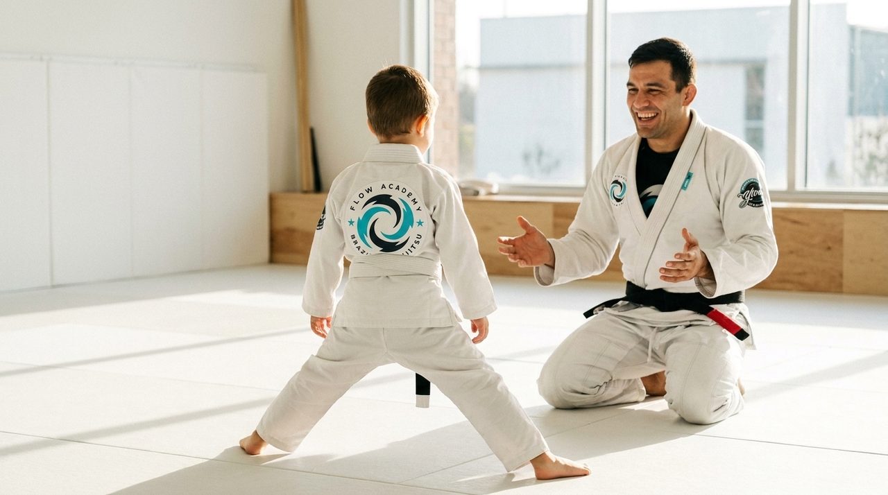 A young child beginning a martial arts class with a coach on the mat.