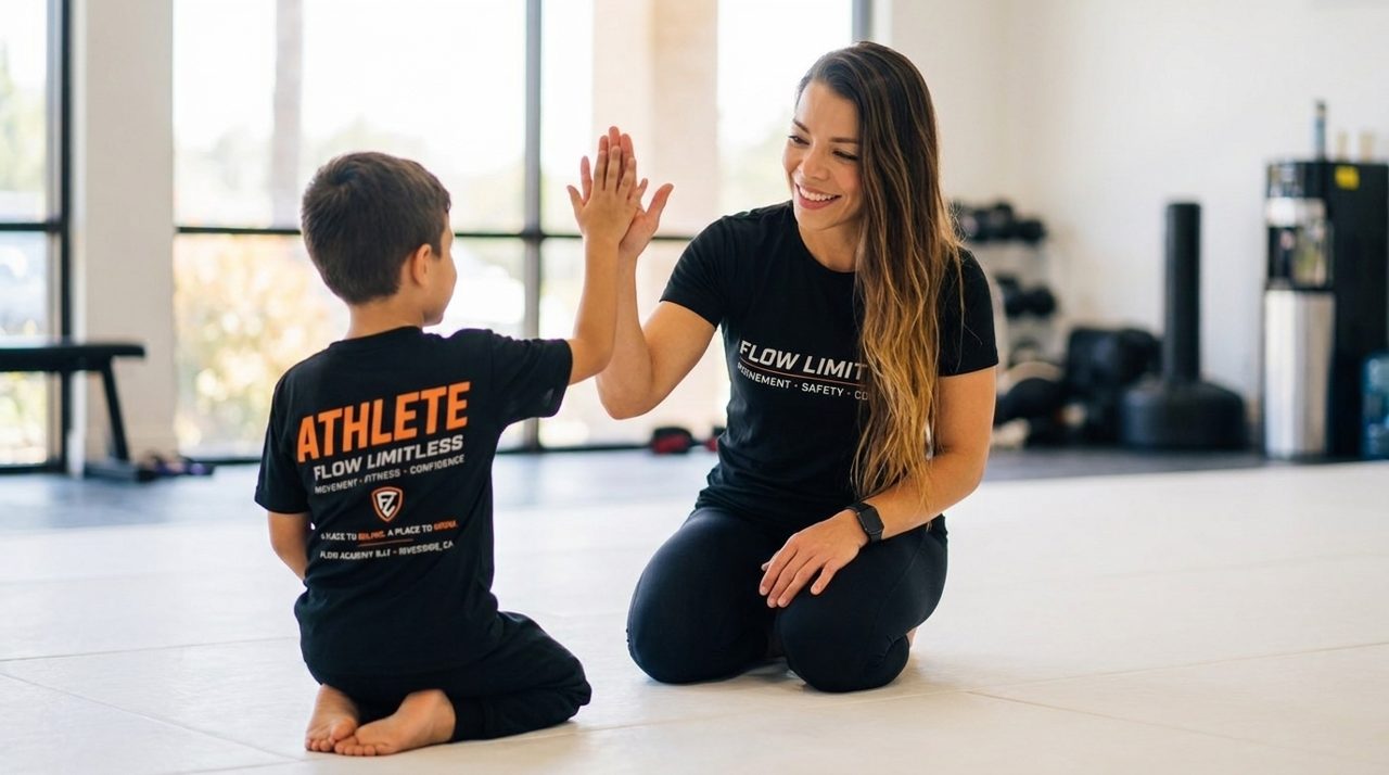 A coach giving patient one-on-one attention to a student in an adaptive martial arts class.