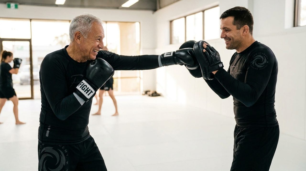 A participant working the heavy bag in a non-contact boxing class for Parkinson's.