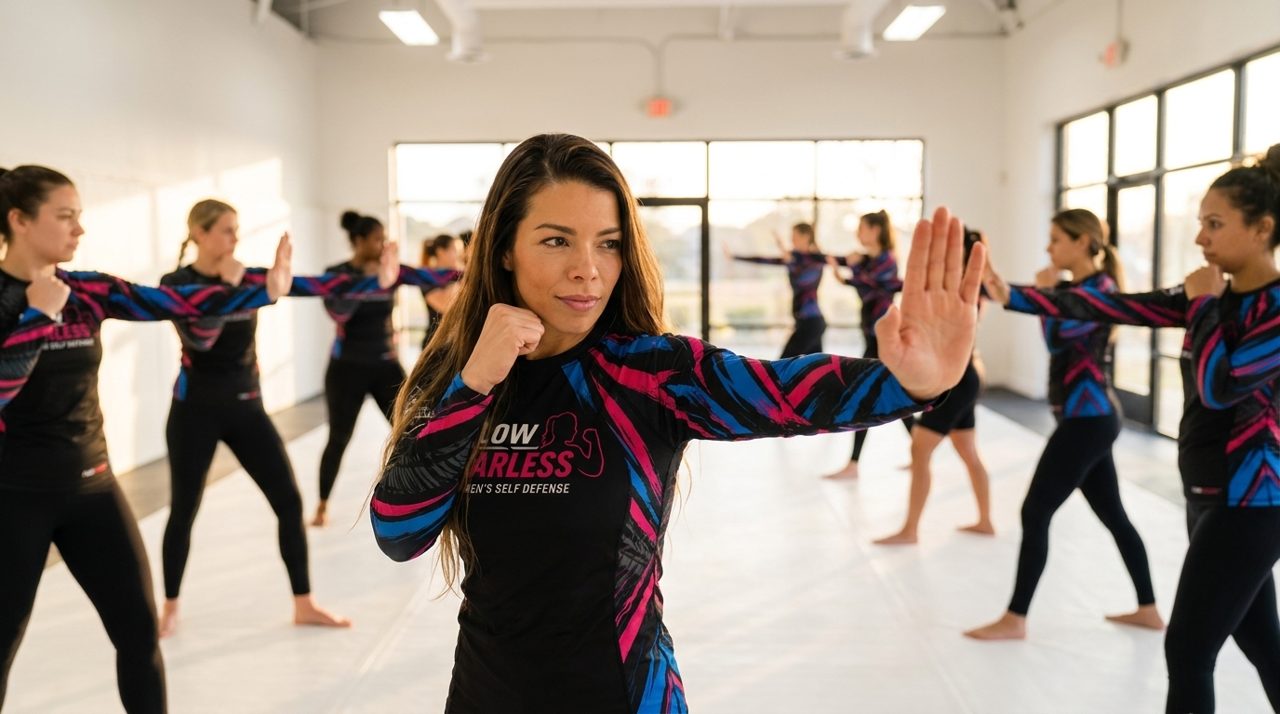 A group of women in a supportive semicircle on the mat as a coach demonstrates a self-defense stance.