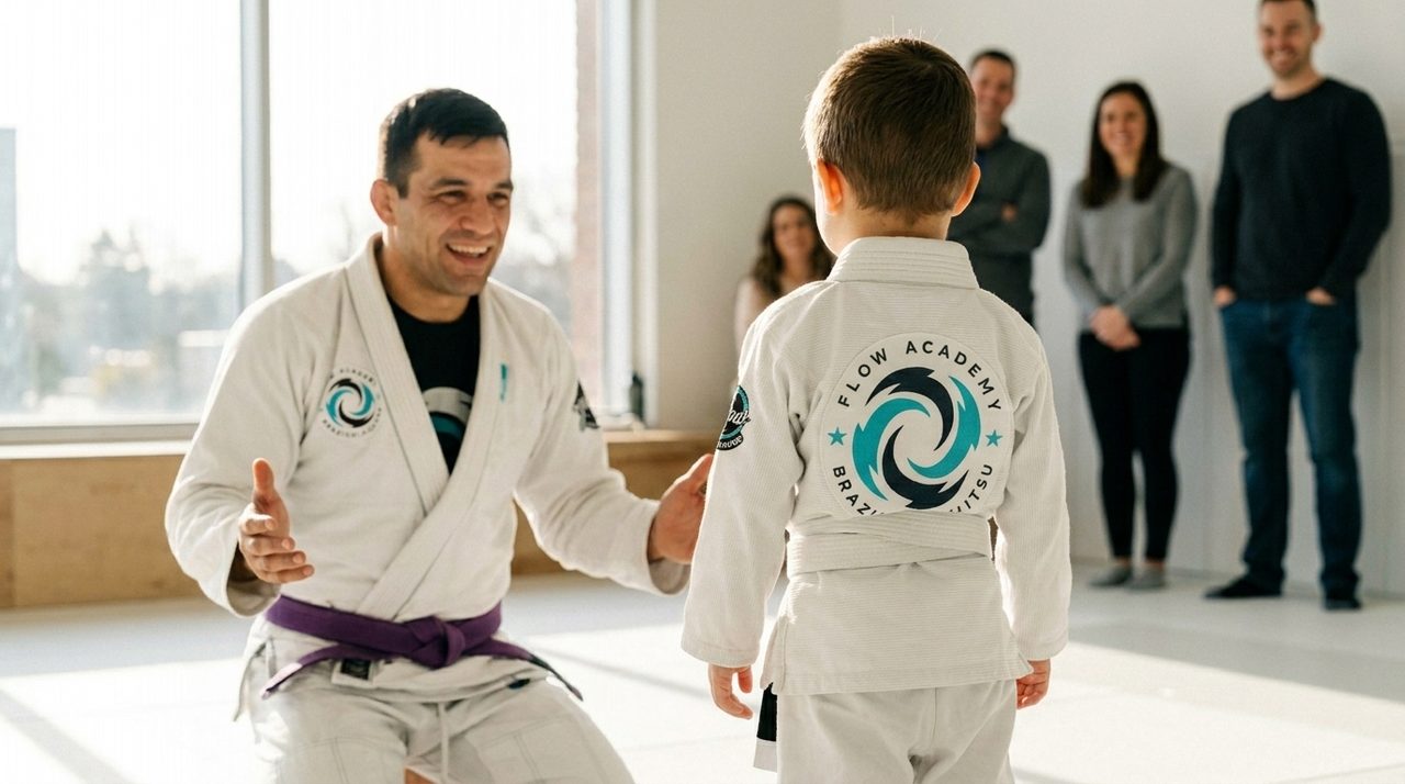 A young student in a white gi practicing a stance while a coach kneels nearby to encourage them.