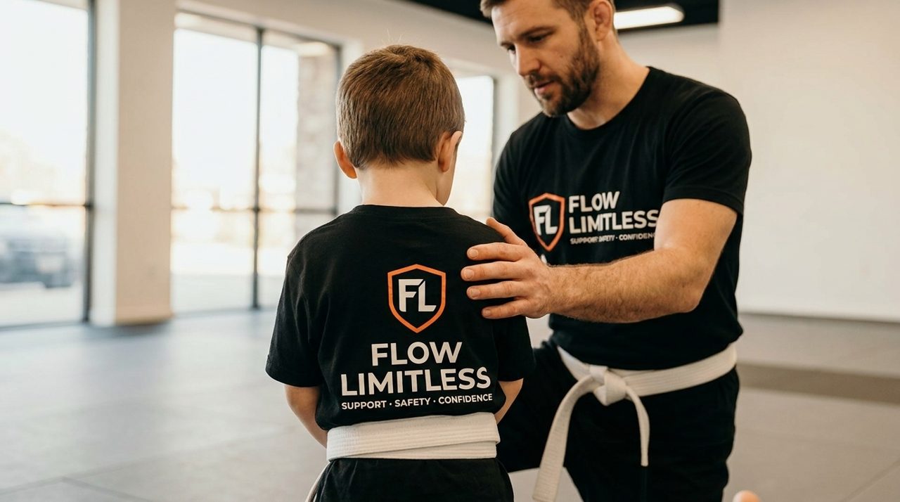 A coach kneeling to a young student's eye level for an encouraging moment on the mat, the child seen from behind.