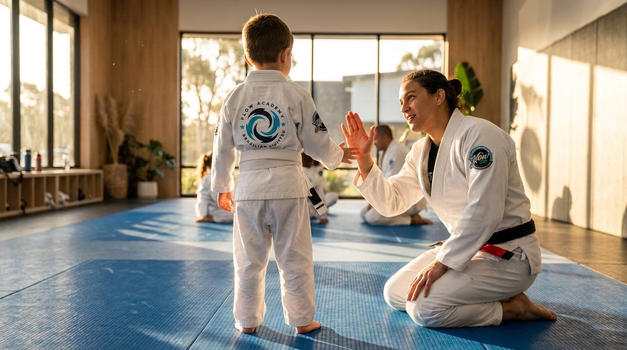 A young student in a white gi standing calm on the mat while a coach kneels beside them for an encouraging low-five, the child seen from behind.
