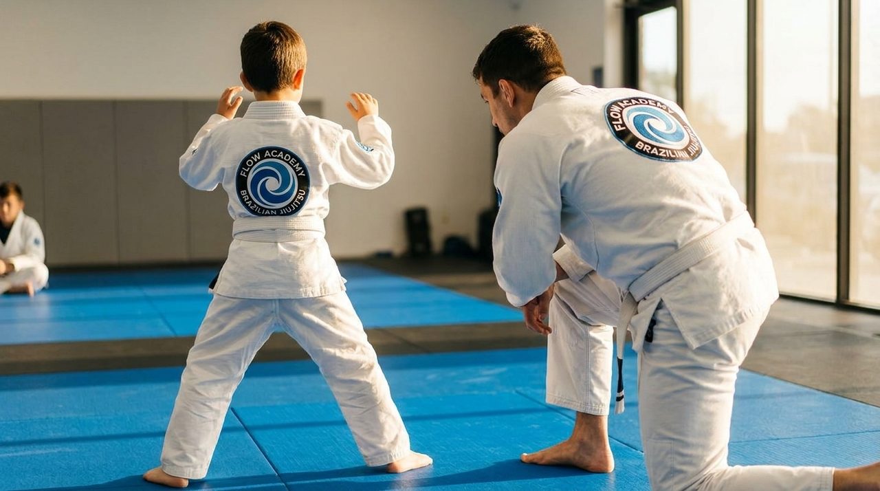 A school-age student in a white gi drilling a basic stance on the mat, seen from behind, while a coach kneels nearby offering encouragement.