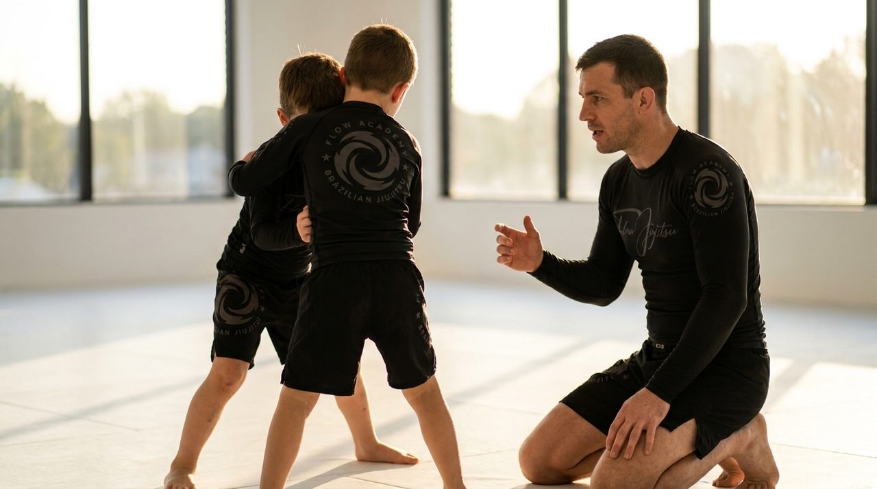 Two young students in black Flow no-gi rashguards scrambling for position on the mat, seen from behind, while a coach kneels beside them coaching.