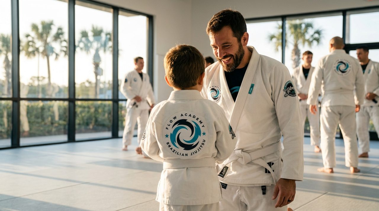A parent and child in white Flow Academy gis training together on the mat, the child seen from behind.