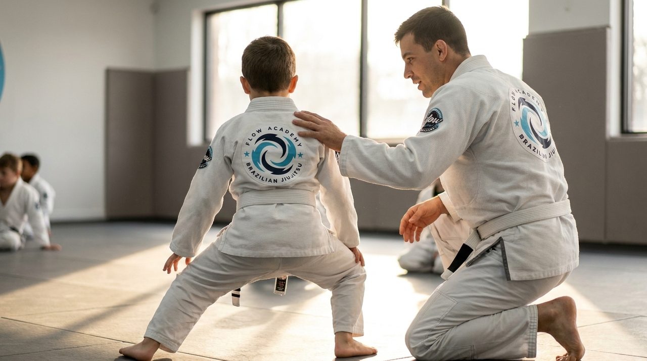 A school-age homeschool student in a white Flow Academy gi drilling a stance on the mat, seen from behind, while a coach kneels nearby.
