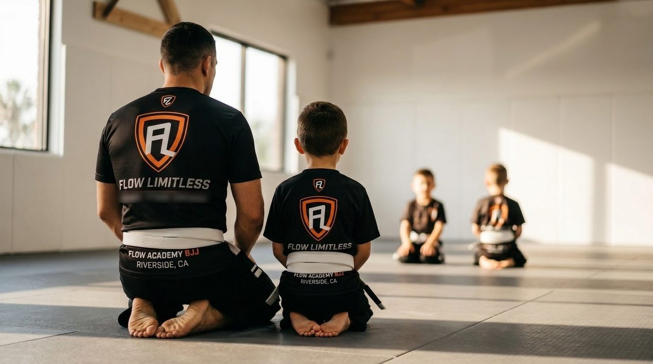 A coach kneeling beside a young student at the start of a Flow Limitless class, the child seen from behind.