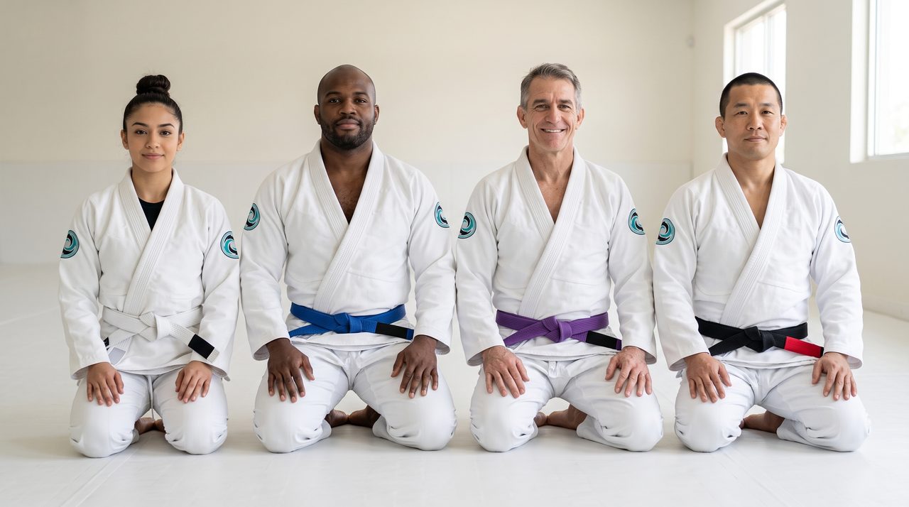 A coach kneeling on the mat tying the white belt of an adult student in a branded Flow Academy gi, with students training in the background.