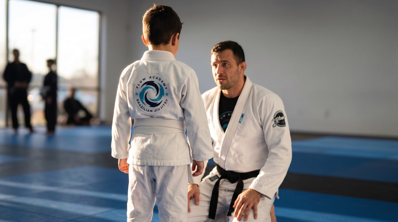 A school-age student in a white Flow Academy gi, seen from behind, standing on the mat while a coach kneels to talk with him before class.