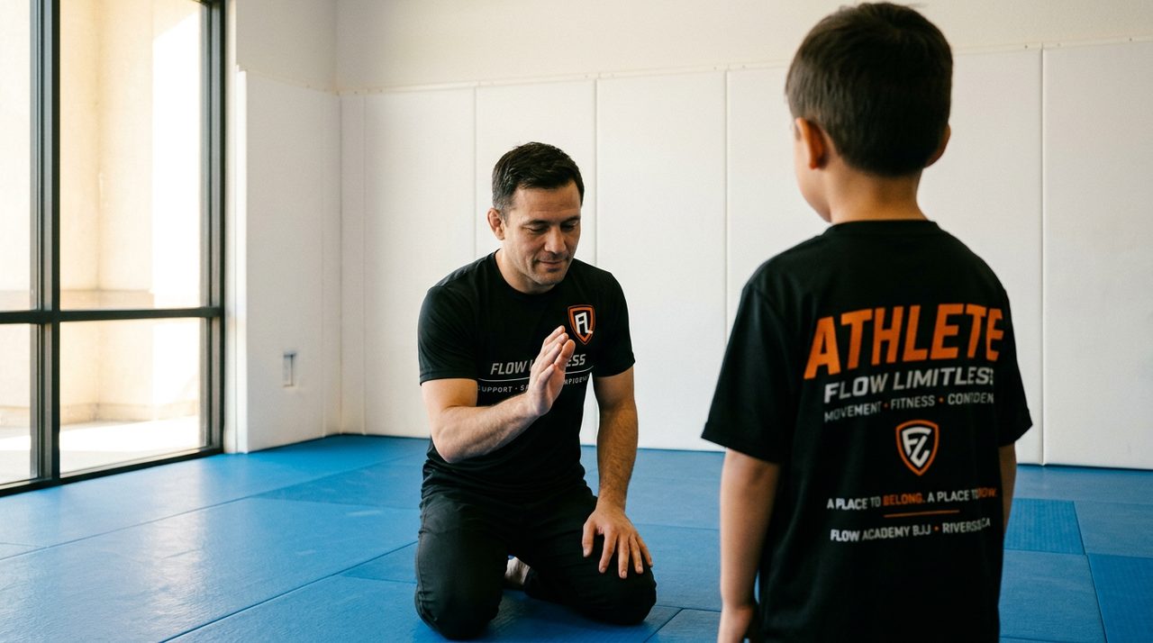 A coach kneeling at eye level on the mat, slowly showing a movement to a young student in a Flow Limitless class, the child seen from behind.