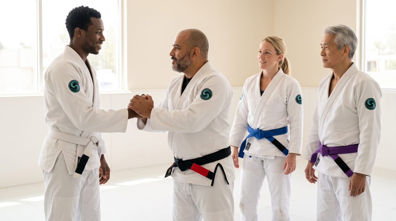 Two adult students in white Flow Academy gis slapping hands before drilling, their coach seen from behind in a black belt with a red ranking bar.