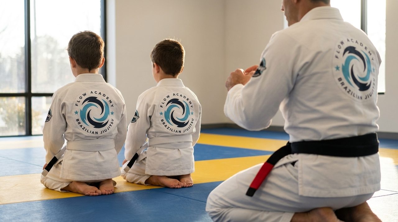 Two homeschool-age children in white Flow Academy gis kneeling at the edge of the mat, seen from behind, while their coach demonstrates a move in the foreground.