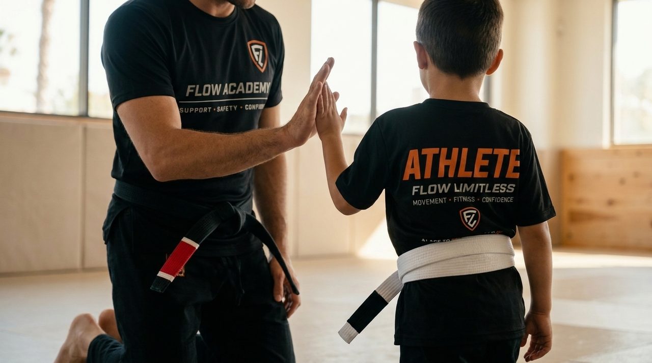 A coach seen from behind offers a low-five to a young student in a Flow Limitless shirt, the child also seen from behind at the edge of the mat.