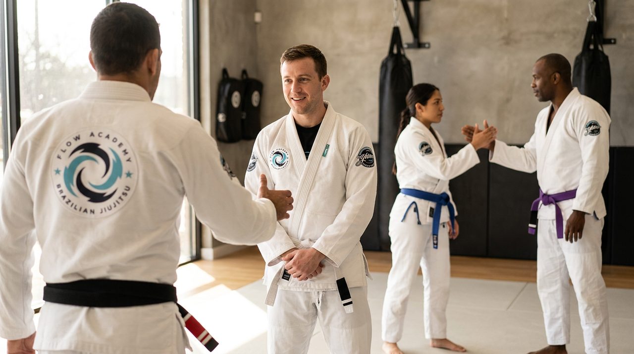 A new adult student in a white belt shakes hands with his coach at the edge of the mat before a Brazilian Jiu-Jitsu class.