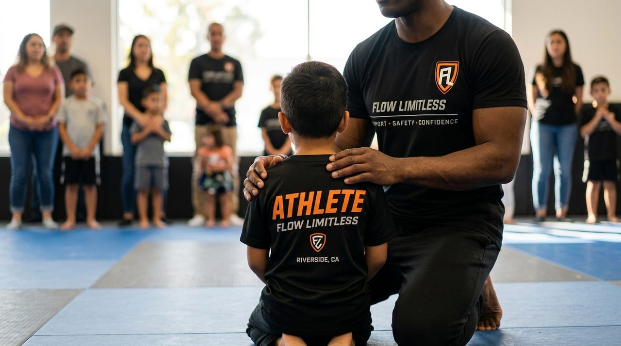 A coach kneeling beside a young student at the edge of the mat before an adaptive martial arts class, the child seen from behind.