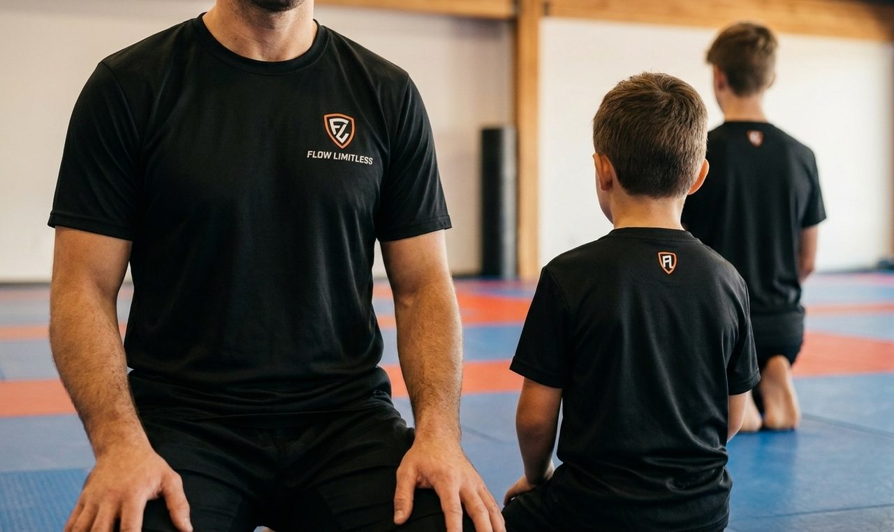 A coach kneels at the edge of the mat beside a young student and an older sibling before an adaptive martial arts class, both children seen from behind.
