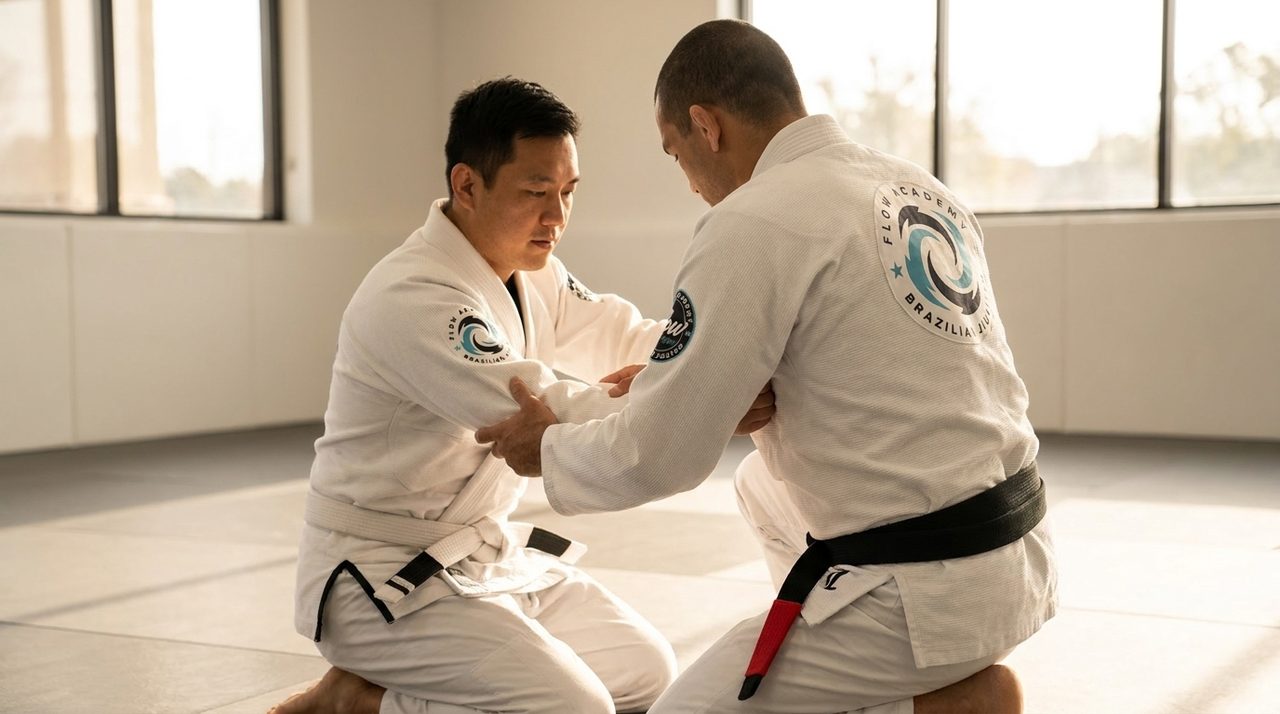 An instructor seen from behind kneels beside an adult beginner during a private one-on-one Jiu-Jitsu lesson on an empty mat.