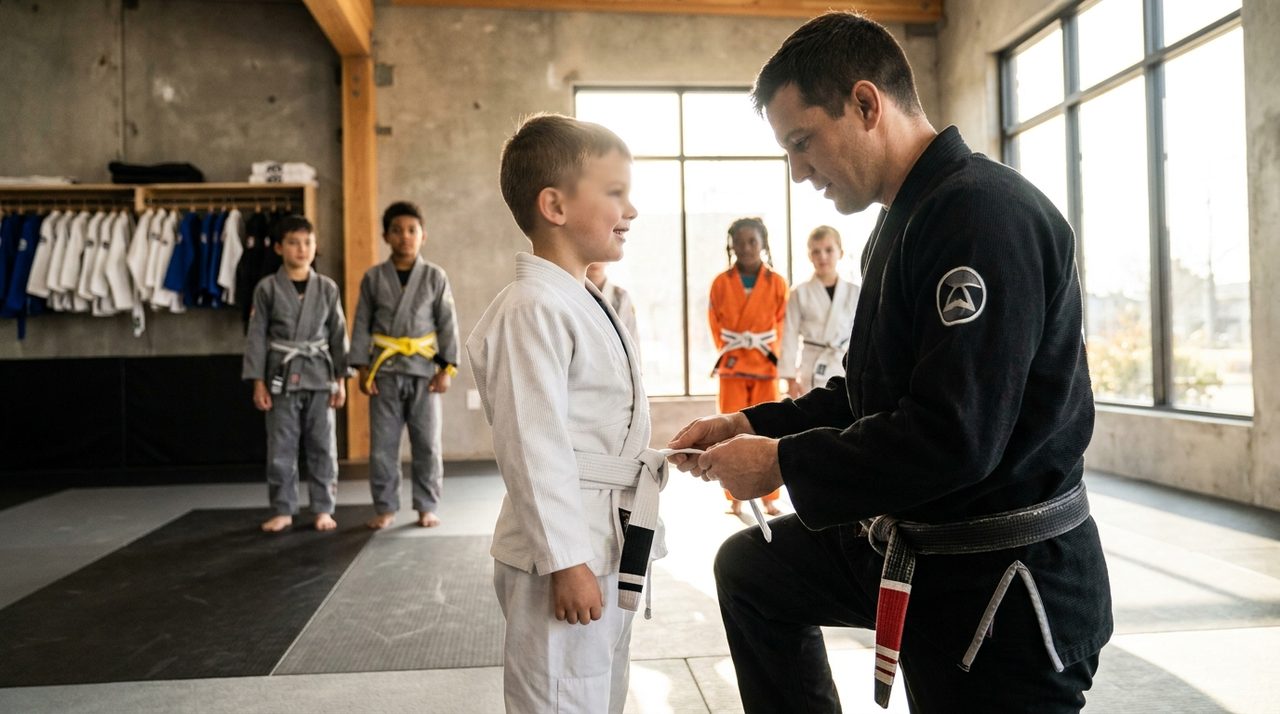 A black belt instructor kneels to tie a new stripe onto a young student's white belt while other kids watch in the background.