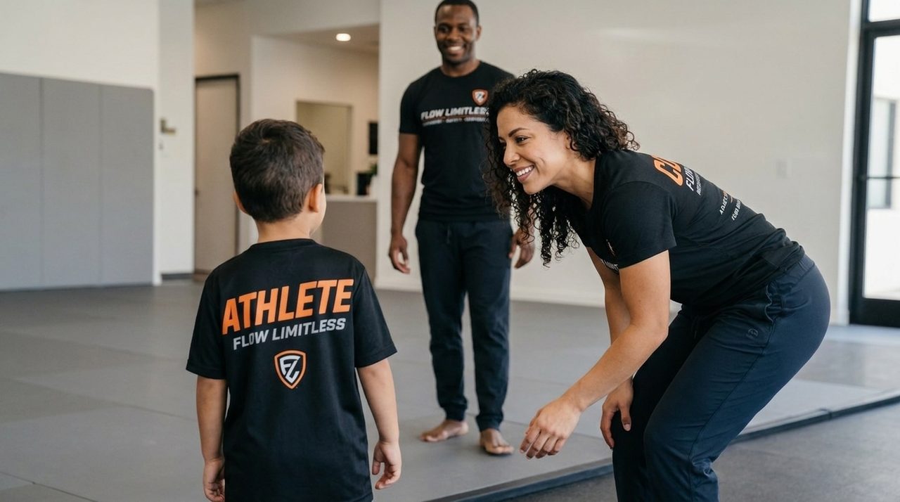 A Flow Limitless coach crouches down to greet a child arriving at the edge of the mat for their first class, with a parent standing a step behind.