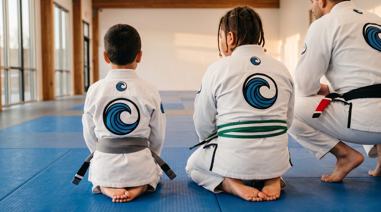 Two young students in white Flow Academy gis kneel side by side on the mat during a Youth class, seen from behind, with a coach crouching beside them.