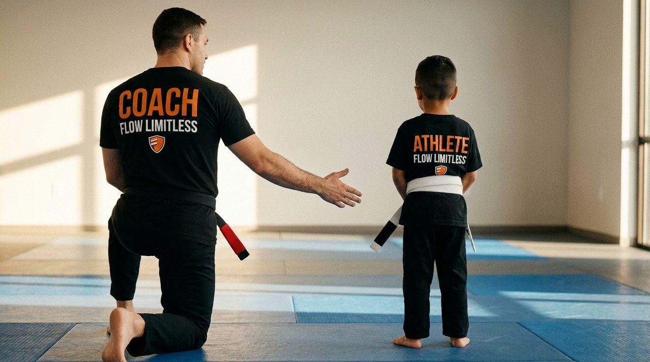 A coach kneels on the mat, reaching out to welcome a child in a Flow Limitless athlete shirt, both seen from behind.