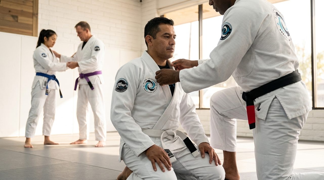 An instructor kneels beside an adult beginner on the mat, adjusting his grip during an Adults Jiu-Jitsu class.