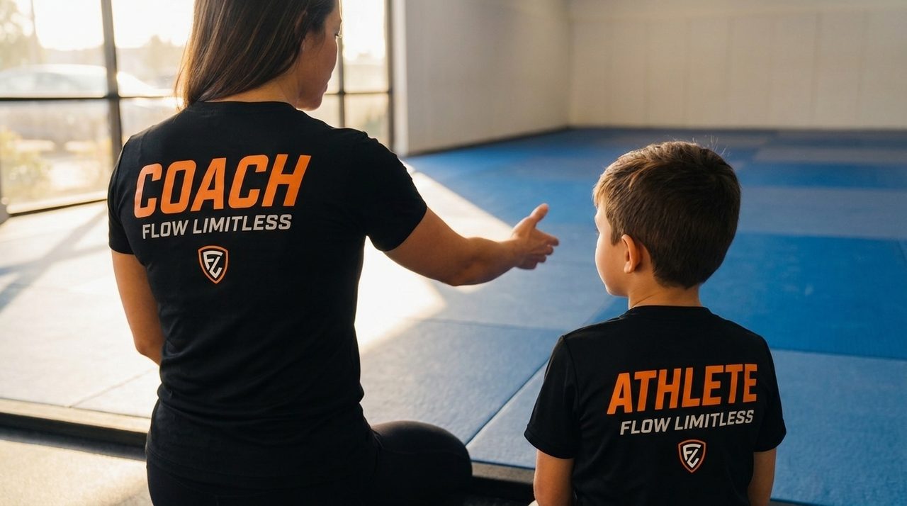 A Flow Limitless coach and a young student seen from behind at the edge of the mat during a conversation.