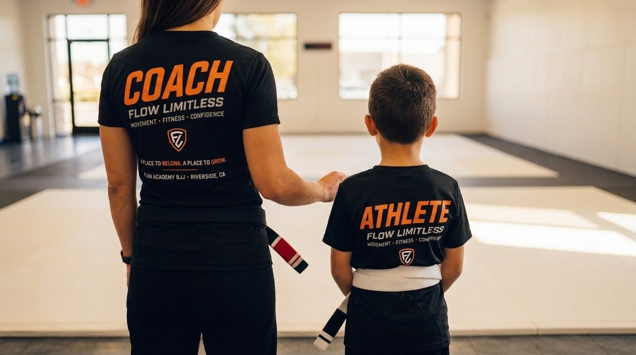 A Flow Limitless coach and a young student seen from behind at the edge of an empty mat room.