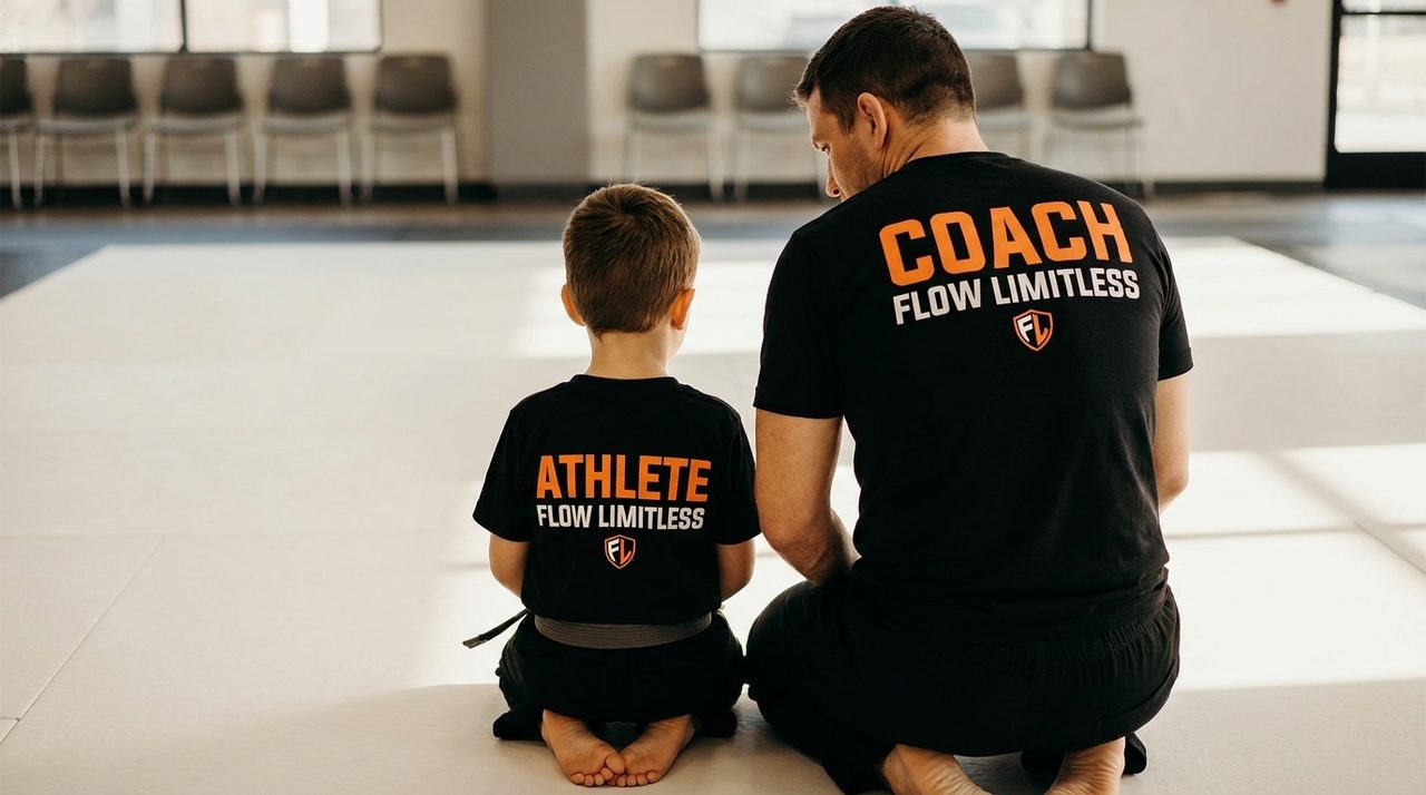 A Flow Limitless coach kneels beside a young student, both seen from behind, on a quiet mat.