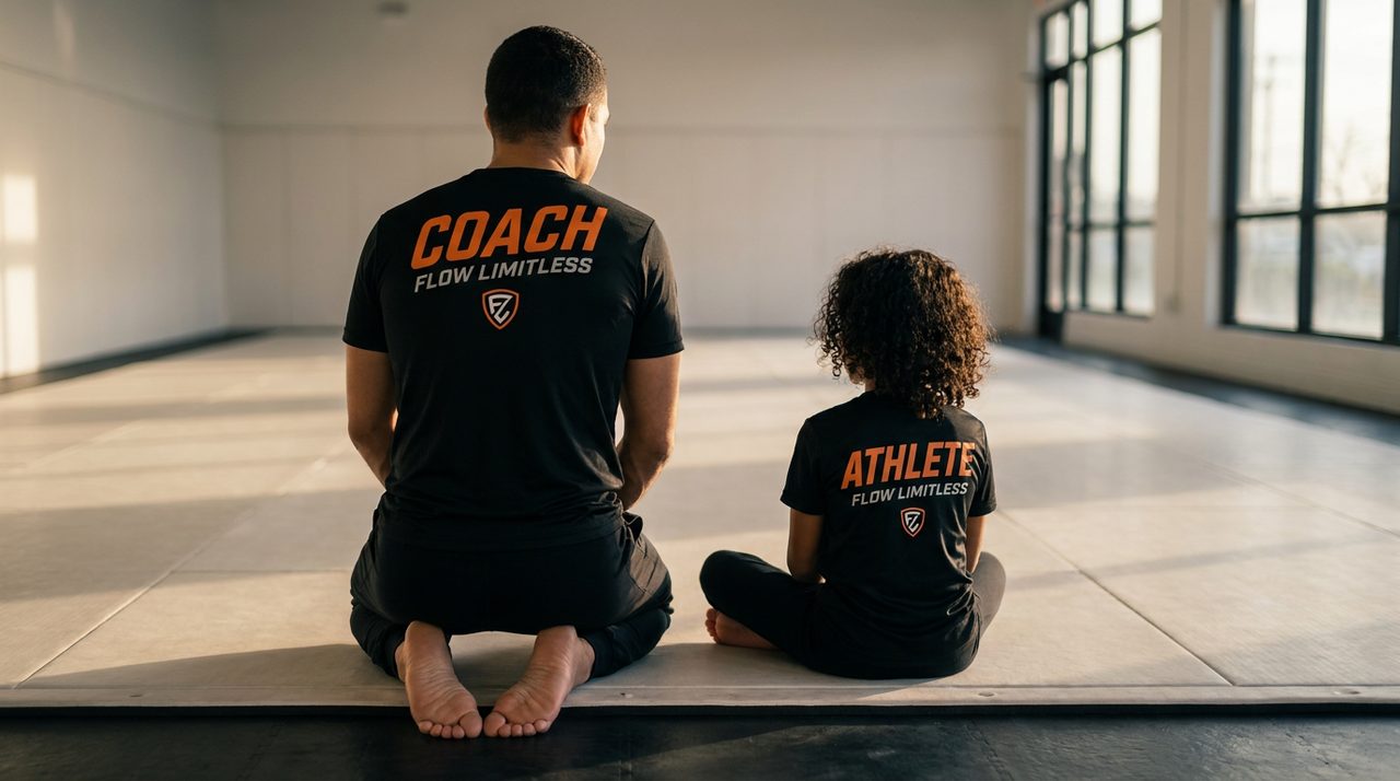 A Flow Limitless coach kneels beside a young student at the edge of an empty mat, both seen from behind, watching.