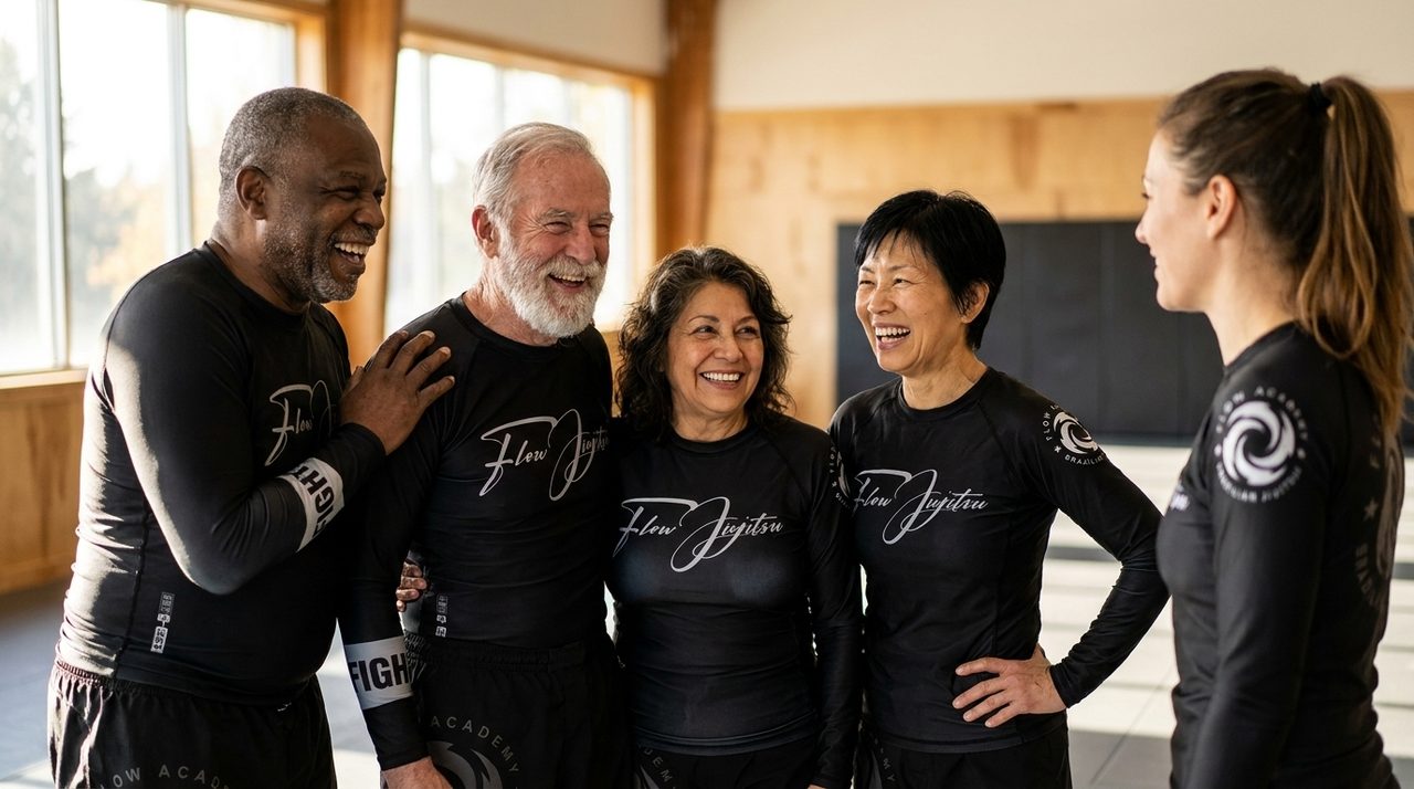 Four adults in their late fifties to seventies laugh together in black Flow rashguards while a coach talks with them in profile.