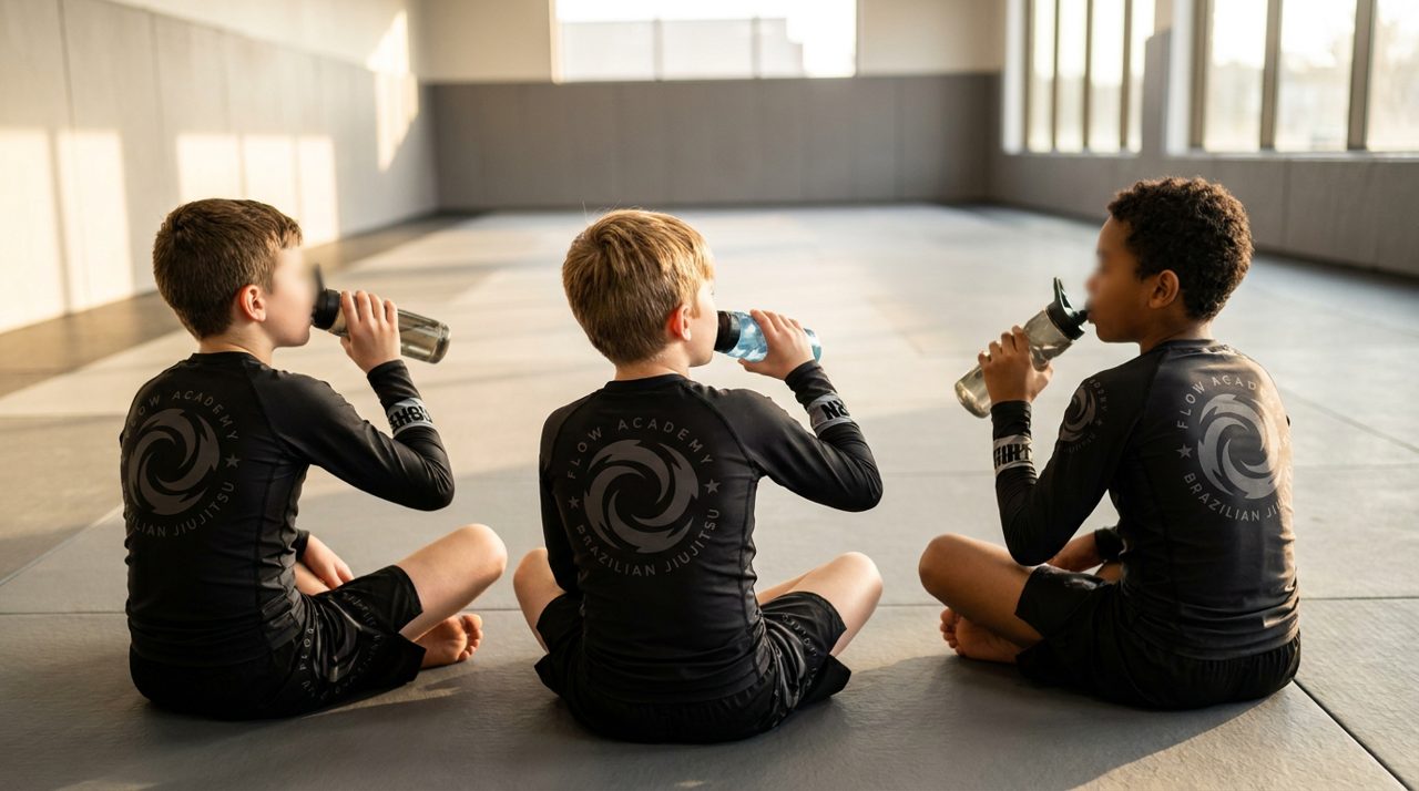 Three young students in black Flow no-gi rashguards sit on an empty mat after class, seen from behind, drinking water.