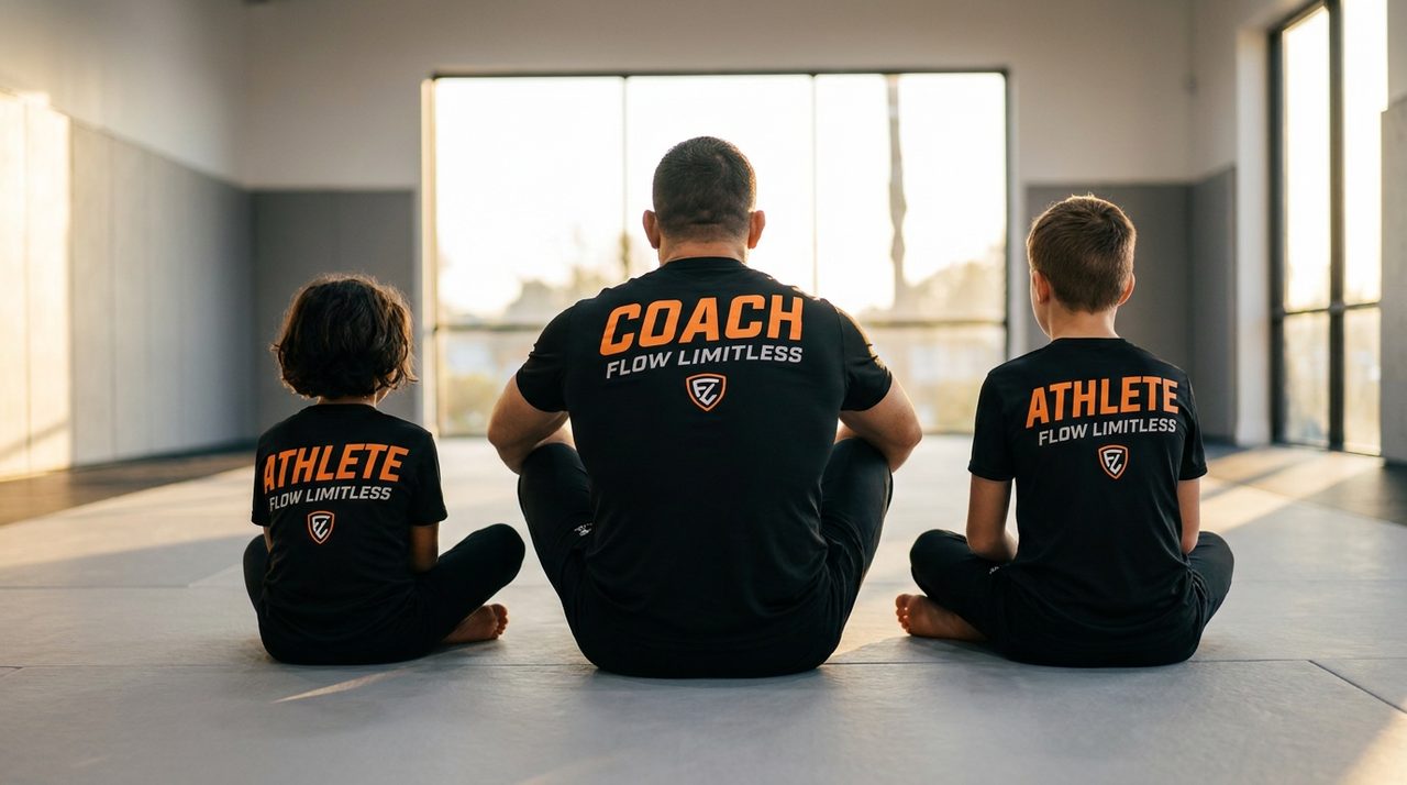 A coach and two children sit together on an empty mat at the end of class, seen from behind, facing a bright window.