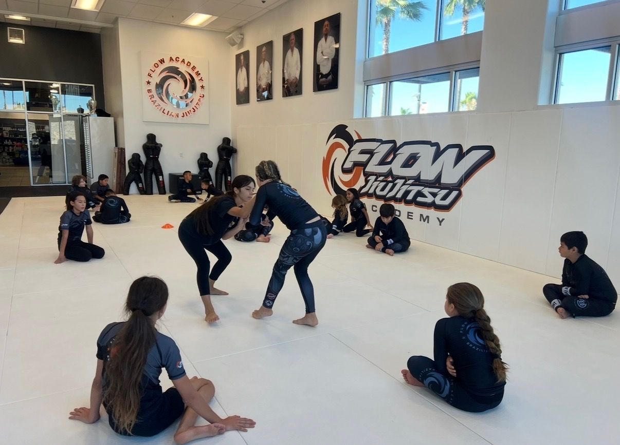 A takedown stance is demonstrated in the middle of the mat while kids in rash guards sit around and watch, in front of the orange Flow wall logo